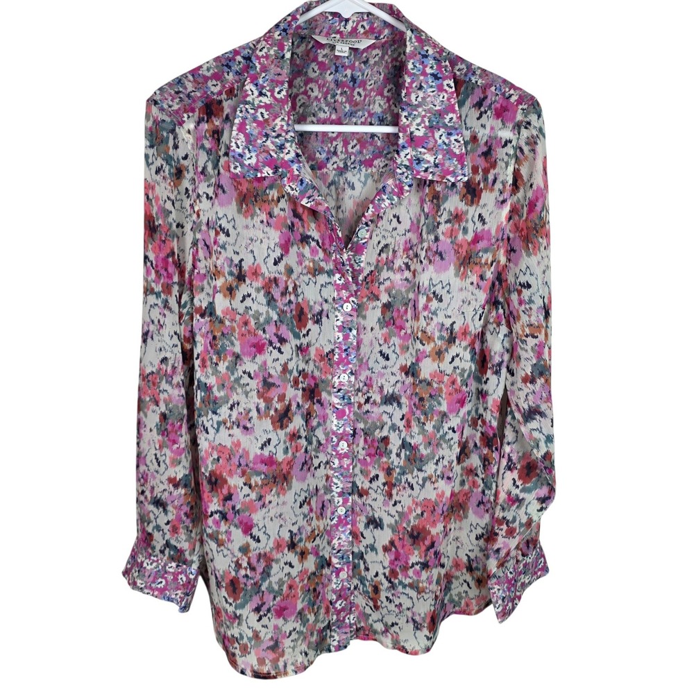 Liverpool Button Down Shirt Womens L Pink Painted Floral Excellent Long Sleeve